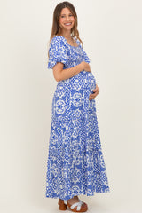 Royal Blue Printed Puff Sleeve Smocked Maternity Maxi Dress