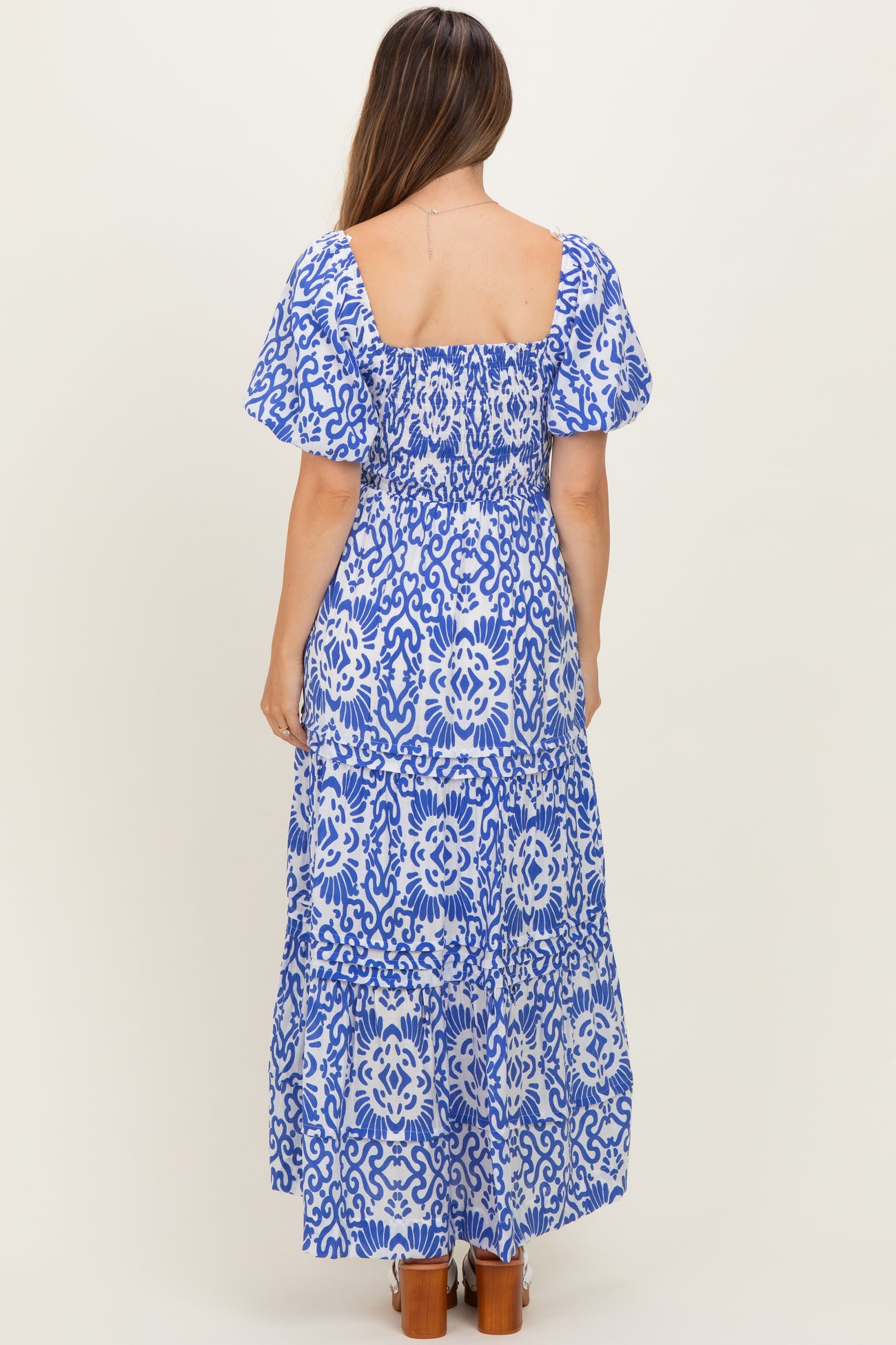 Royal Blue Printed Puff Sleeve Smocked Maternity Maxi Dress