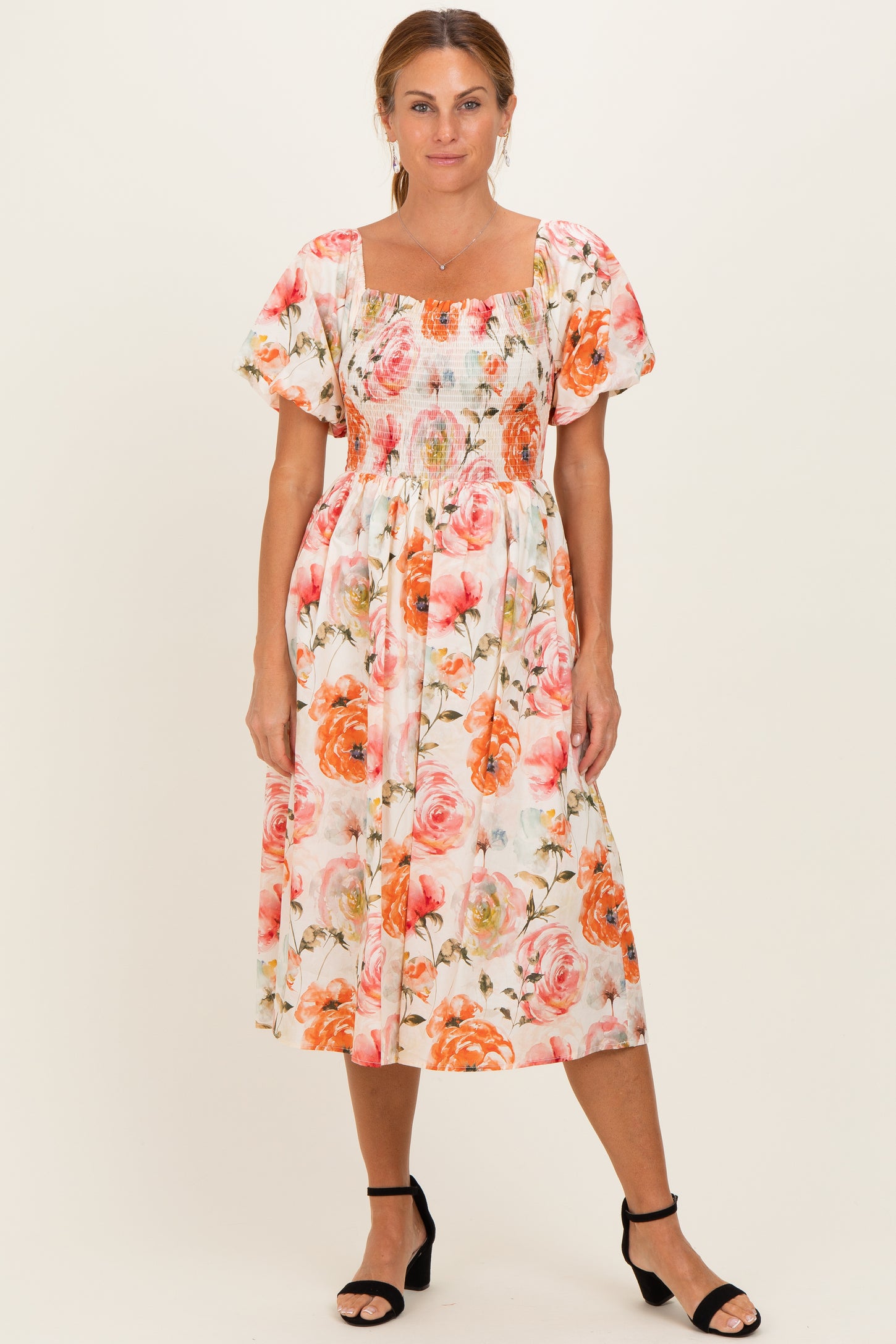 Rose Floral Smocked Puff Sleeve Maternity Midi Dress