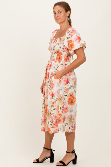 Rose Floral Smocked Puff Sleeve Midi Dress