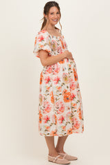Rose Floral Smocked Puff Sleeve Maternity Midi Dress