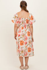 Rose Floral Smocked Puff Sleeve Maternity Midi Dress