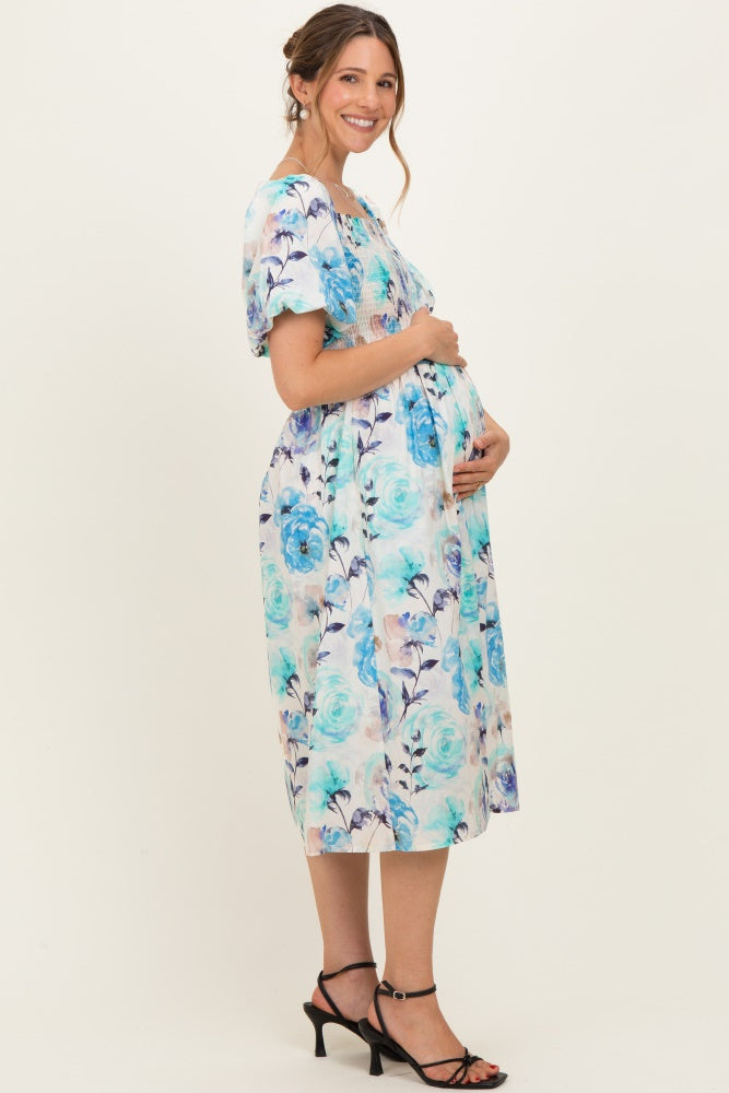 Blue Floral Smocked Puff Sleeve Maternity Midi Dress