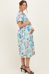 Blue Floral Smocked Puff Sleeve Maternity Midi Dress