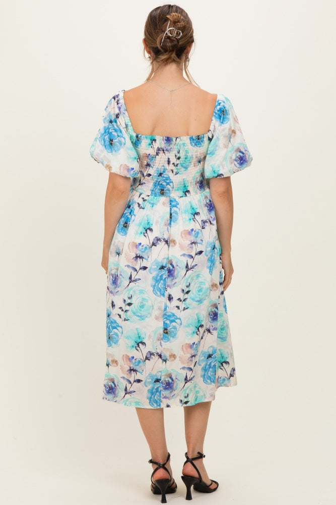 Blue Floral Smocked Puff Sleeve Maternity Midi Dress
