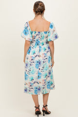 Blue Floral Smocked Puff Sleeve Maternity Midi Dress