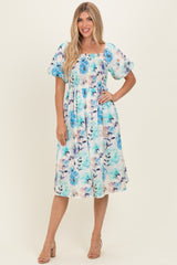 Blue Floral Smocked Puff Sleeve Maternity Midi Dress
