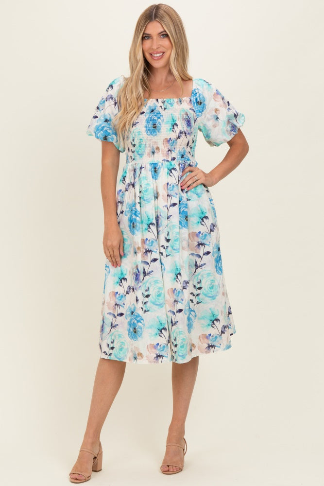 blue floral puff sleeve midi dress Blue Floral Smocked Puff Sleeve Midi Dress