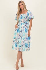 Blue Floral Smocked Puff Sleeve Midi Dress