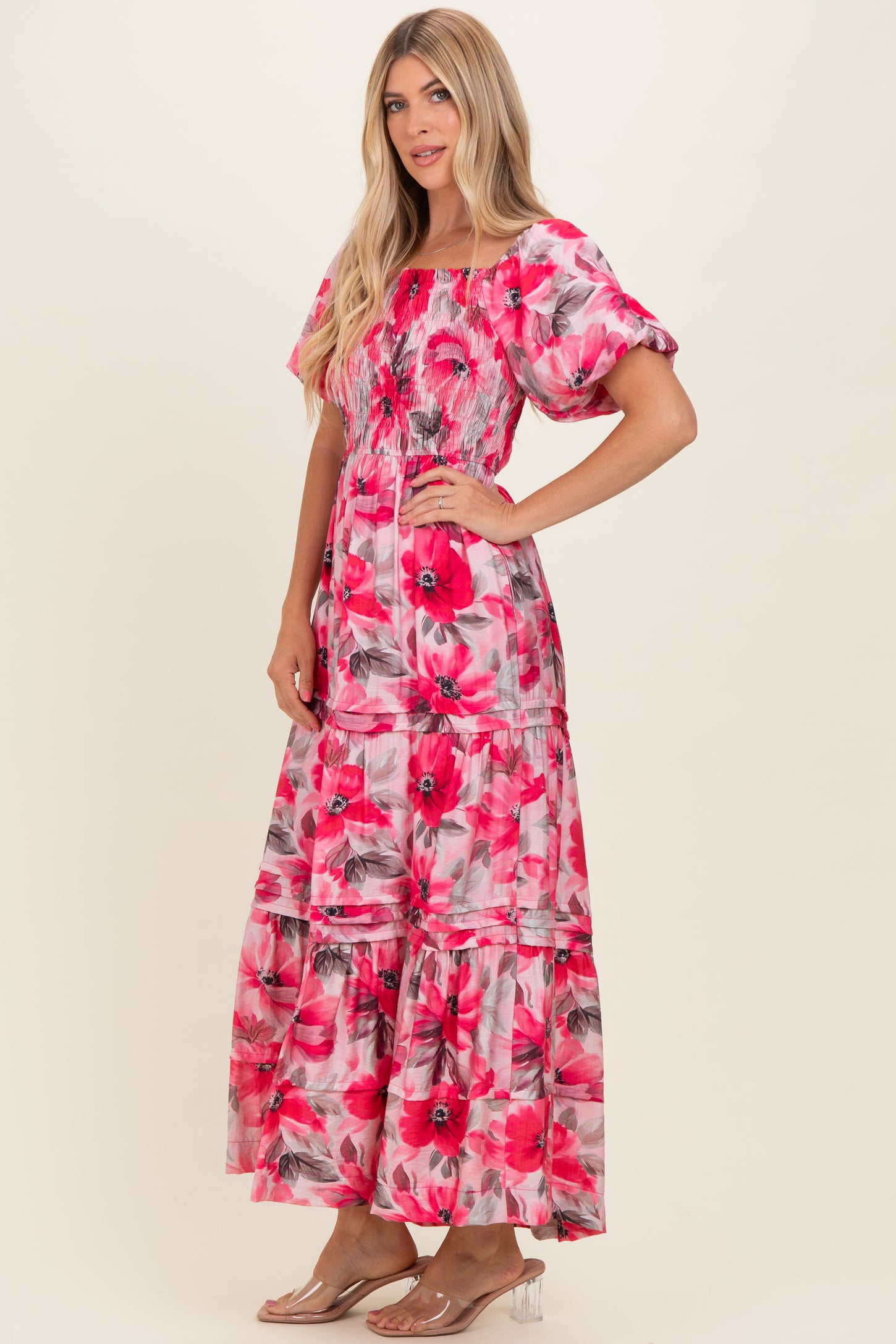 Fuchsia Floral Smocked Tiered Maxi Dress – PinkBlush
