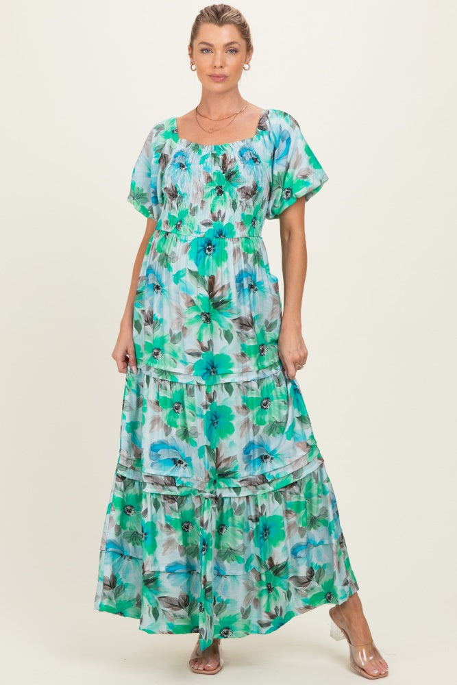 emerald green maternity maxi dress Emerald Green Floral Smocked Tiered Maternity Maxi Dress
