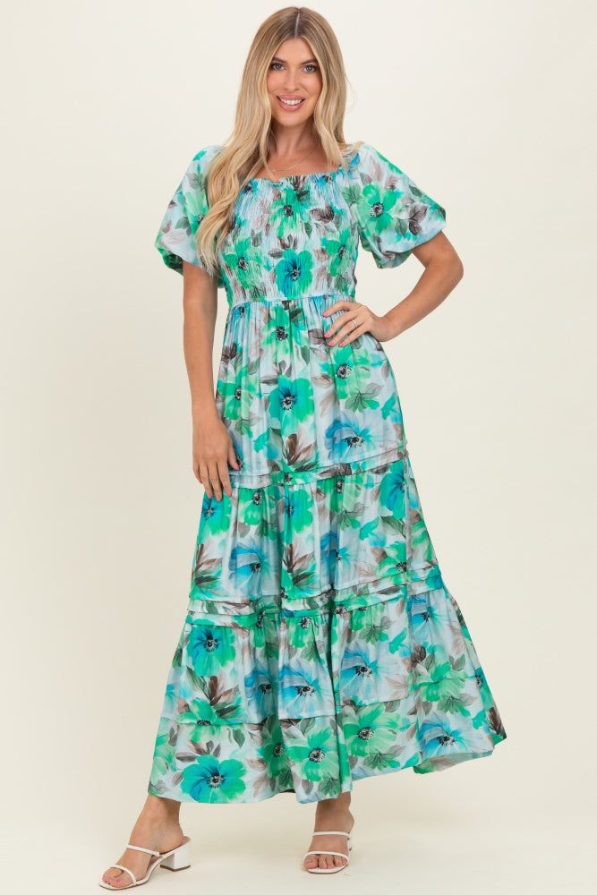 emerald green floral maxi dress Smocked Tiered Maternity SCH006217_P_XL Color:Emerald Green Size medium measures 61 Suki Knit Maxi Dress