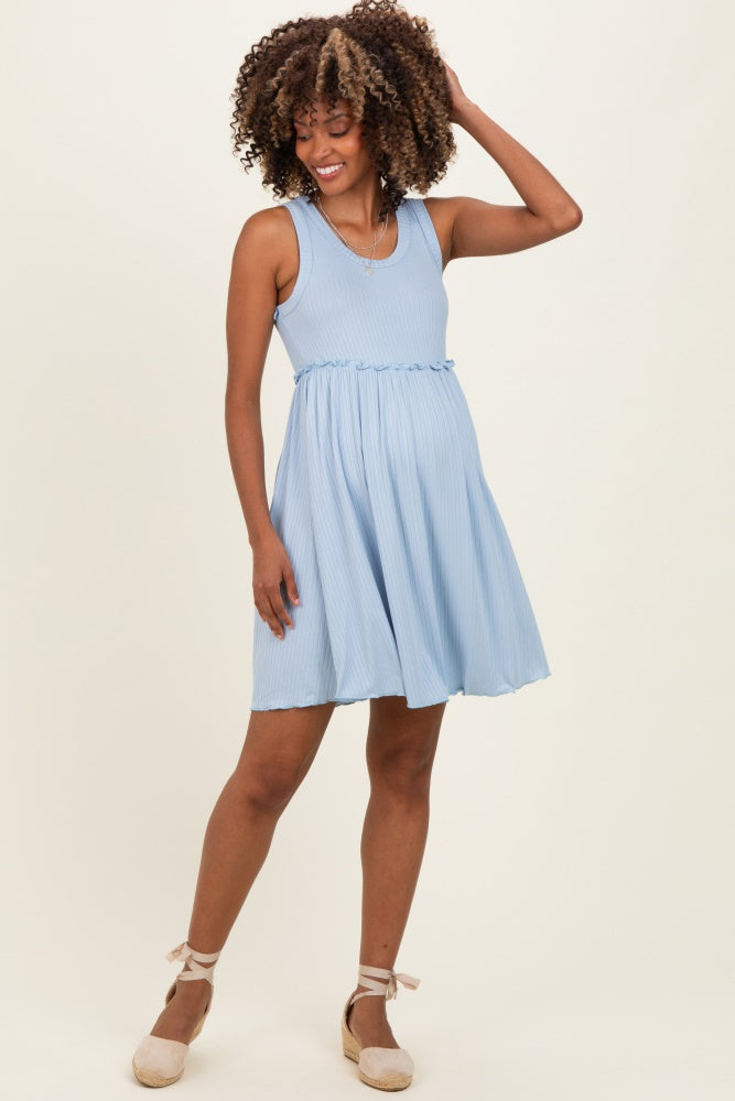 Light Blue Ribbed Sleeveless Lettuce Trim Maternity Mini Dress – PinkBlush