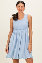 Light Blue Ribbed Sleeveless Lettuce Trim Maternity Mini Dress