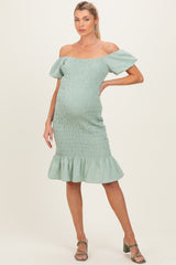 Sage Smocked Off Shoulder Ruffle Hem Maternity Dress