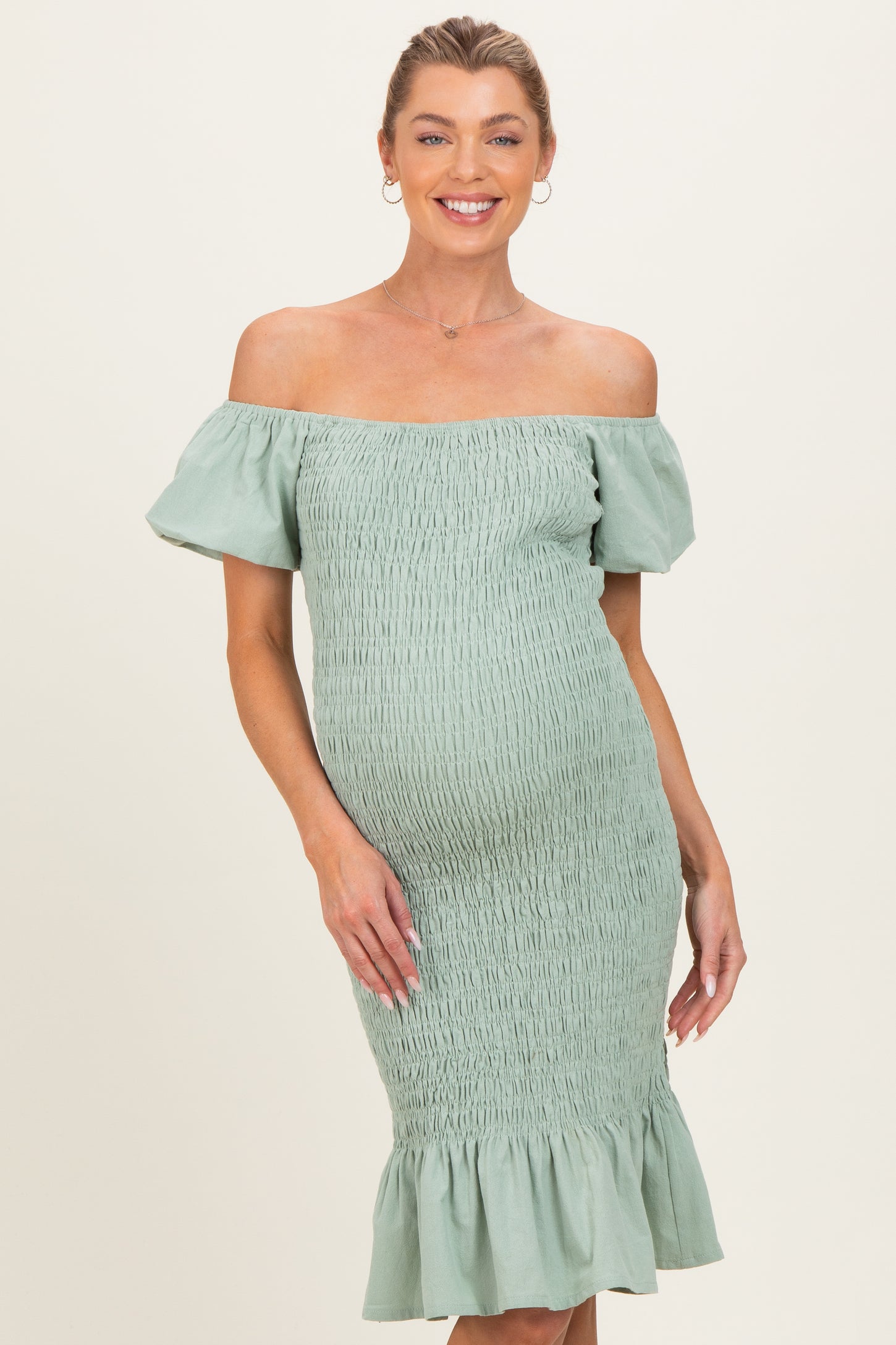 Sage Smocked Off Shoulder Ruffle Hem Maternity Dress