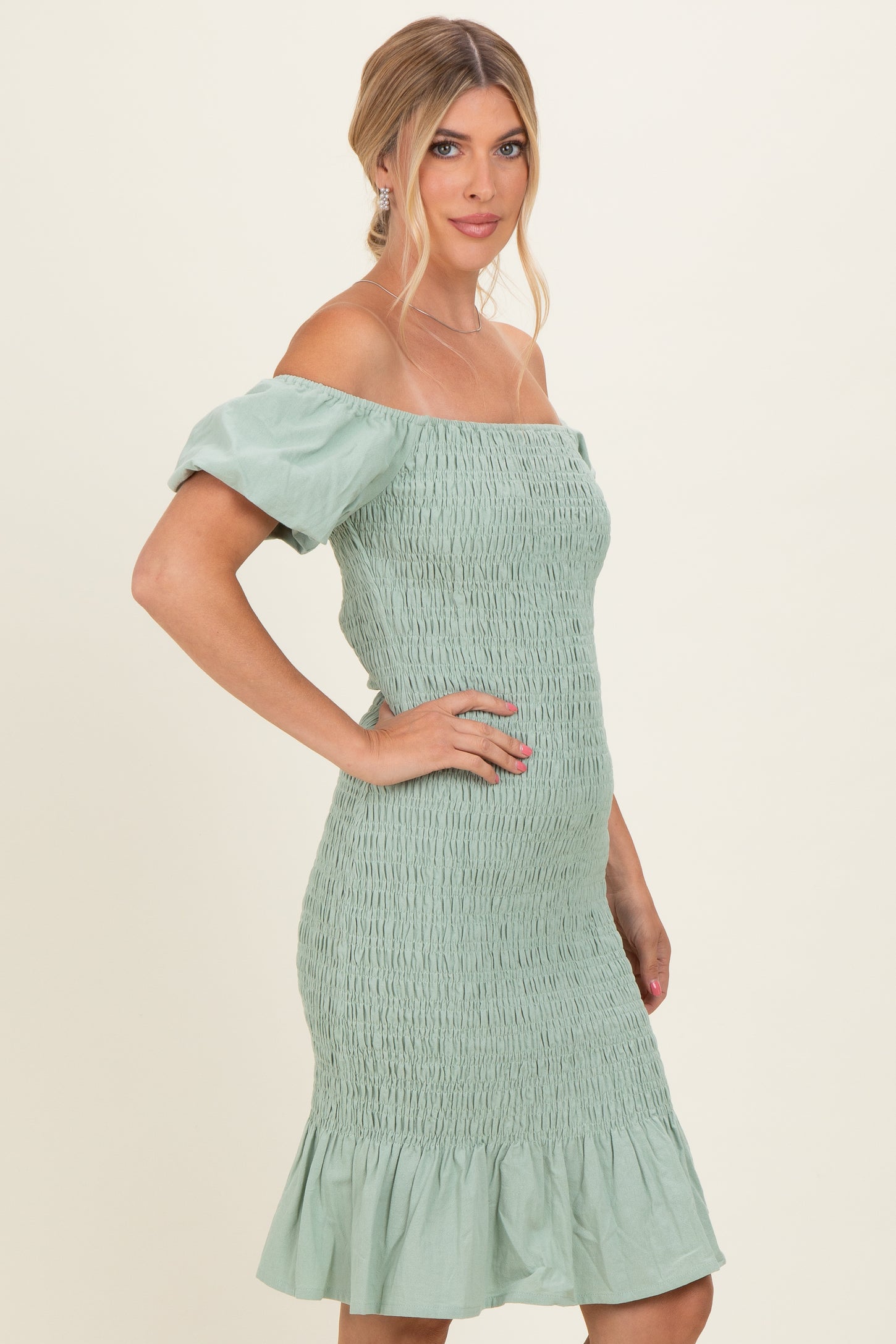 off the shoulder ruffle hem dress Sage Smocked Off Shoulder Ruffle Hem Dress