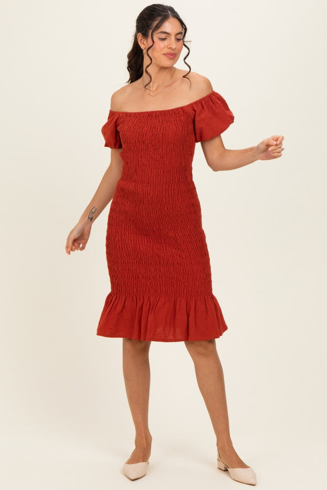 Rust Smocked Off Shoulder Ruffle Hem Dress
