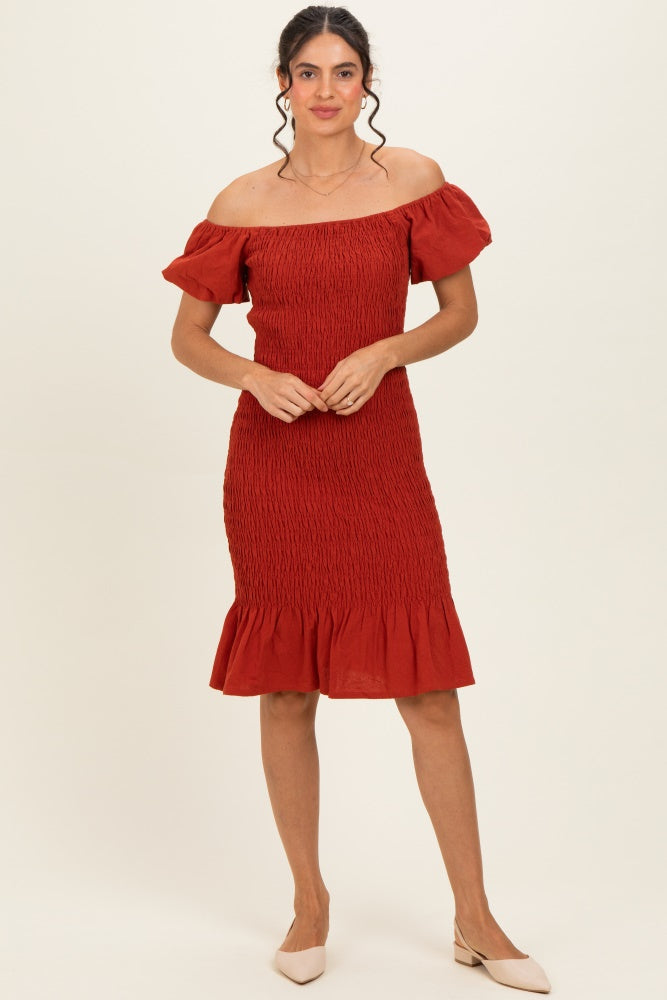 Rust Smocked Off Shoulder Ruffle Hem Dress