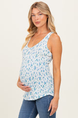 Blue Floral Print Button Front Maternity Tank Top