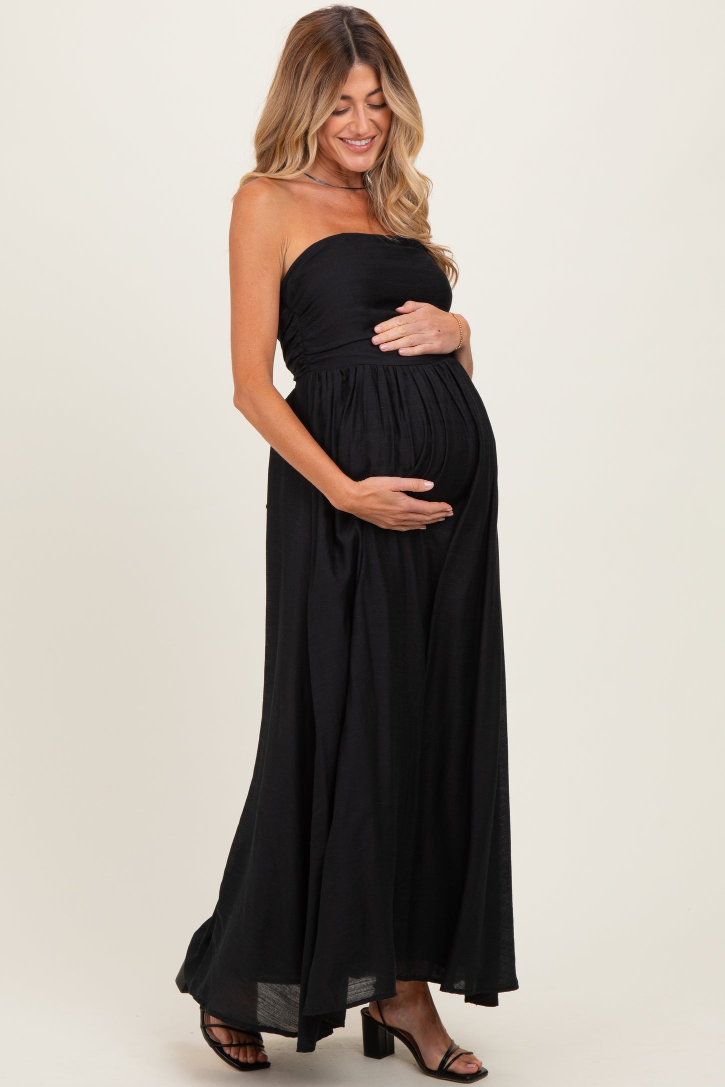 Black Strapless Tie Back Maternity Maxi Dress PinkBlush Black Strapless Tie Back Maternity Maxi Dress PinkBlush