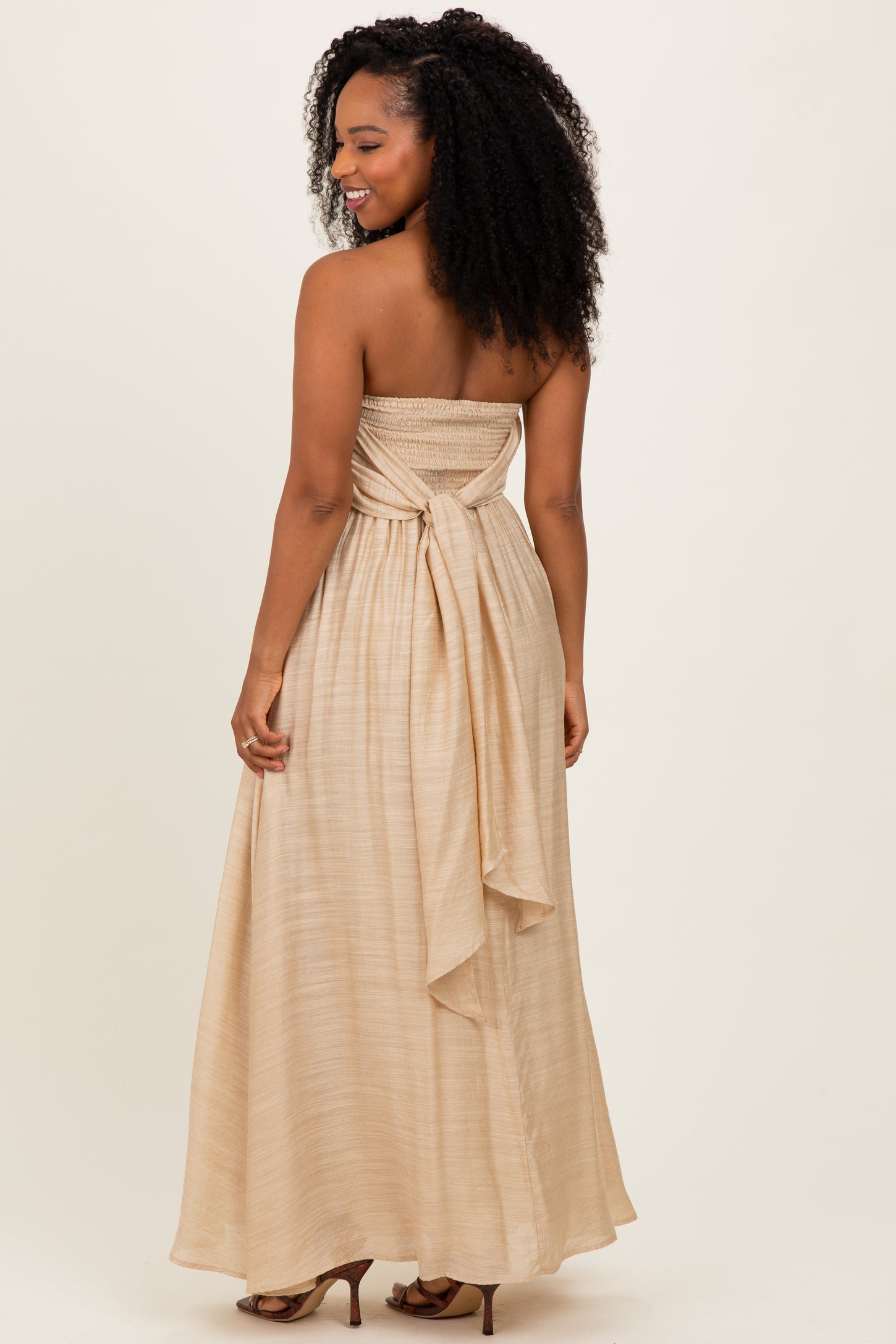 maxi dress with tie back Beige Strapless Tie Back Maxi Dress