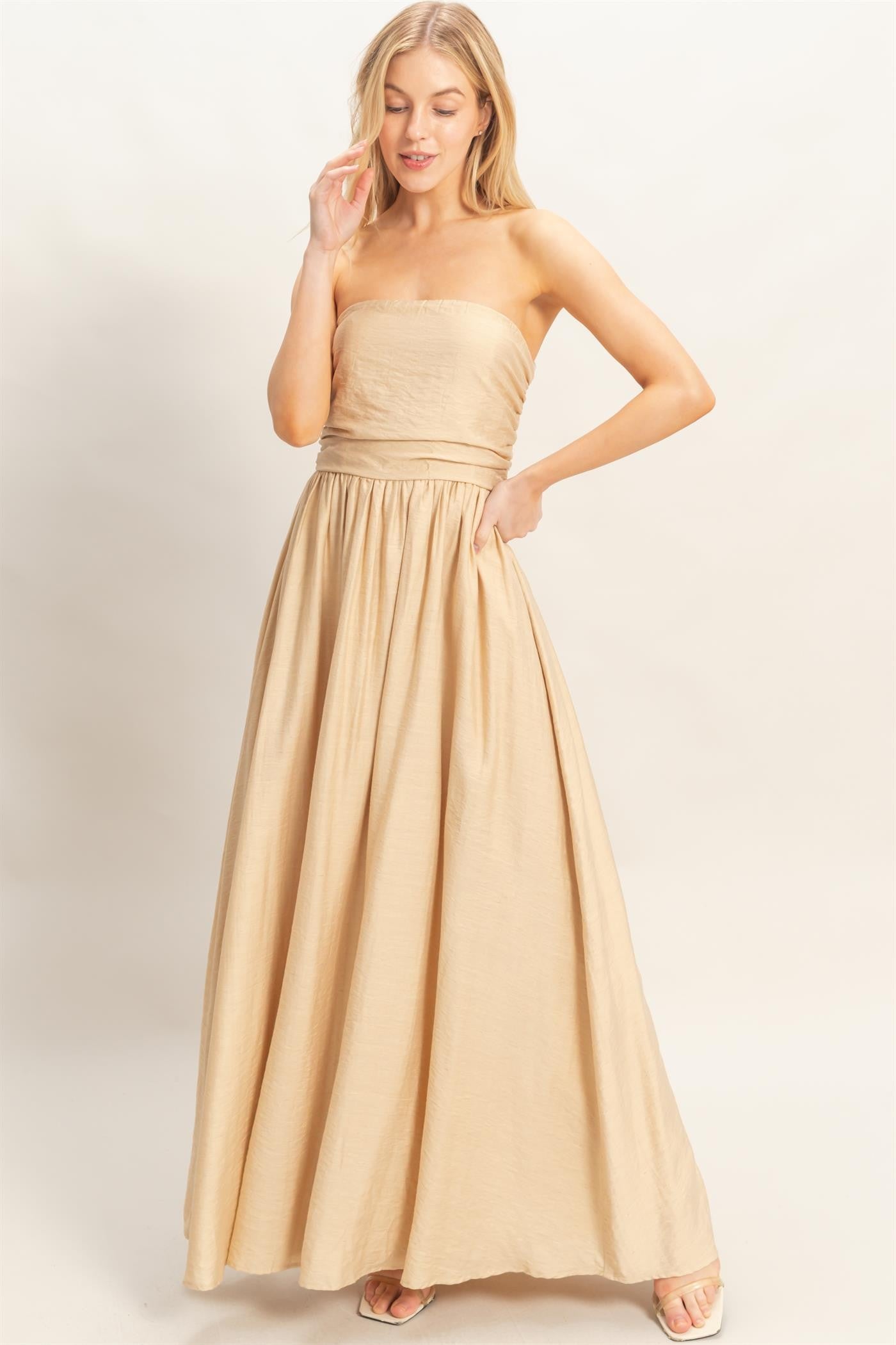 beige strapless maxi dress Beige Strapless Tie Back Maxi Dress