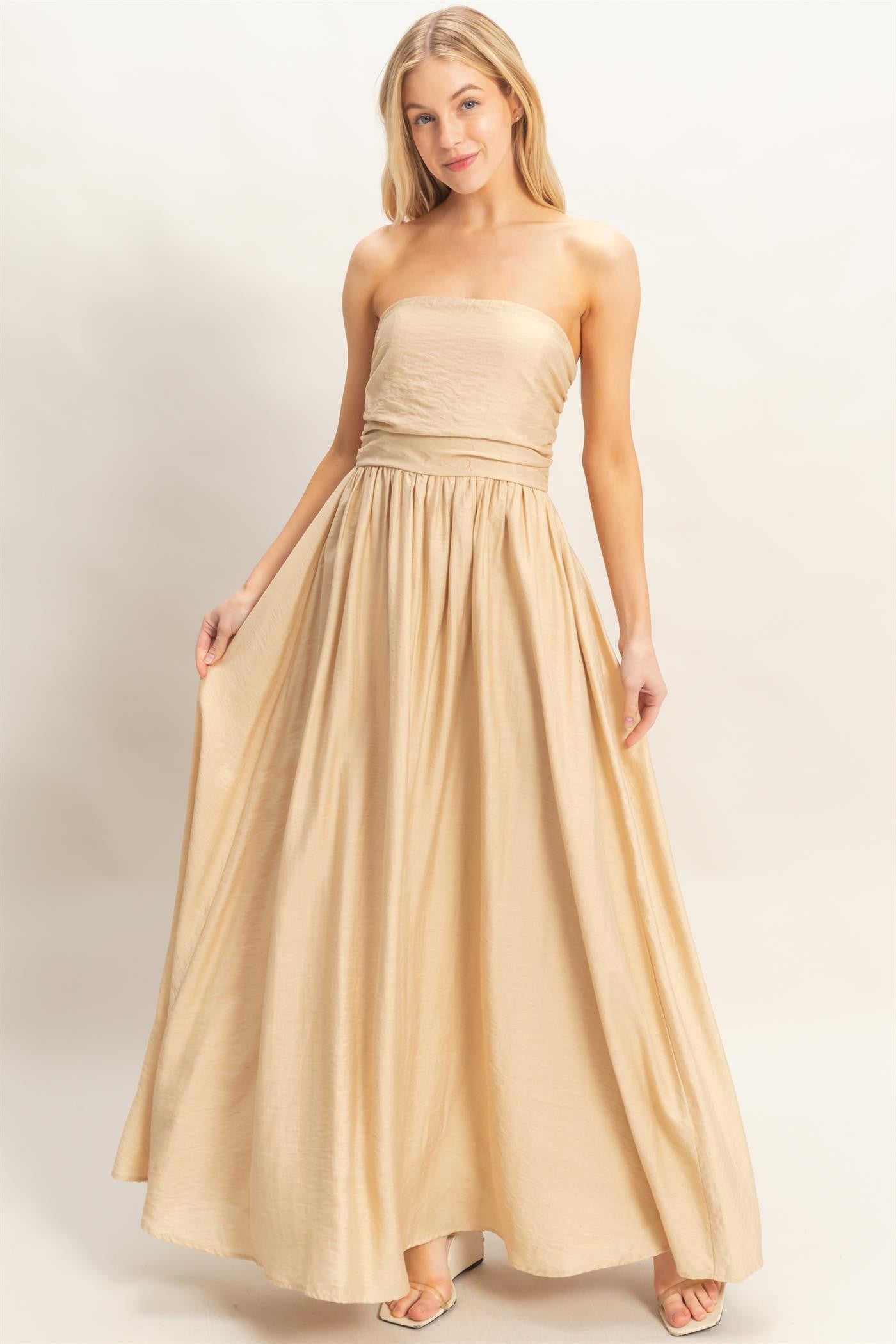 strapless beige maxi dress Strapless Sequin Floral Embroidered Sheer Maxi Dress Pink / 4