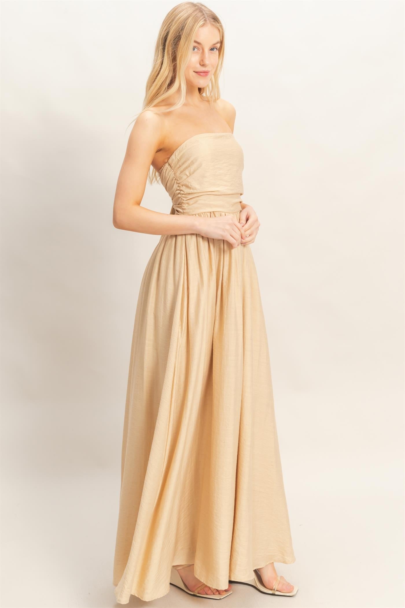 Beige Strapless Tie Back Maxi Dress Beige Strapless Tie Back Maxi Dress