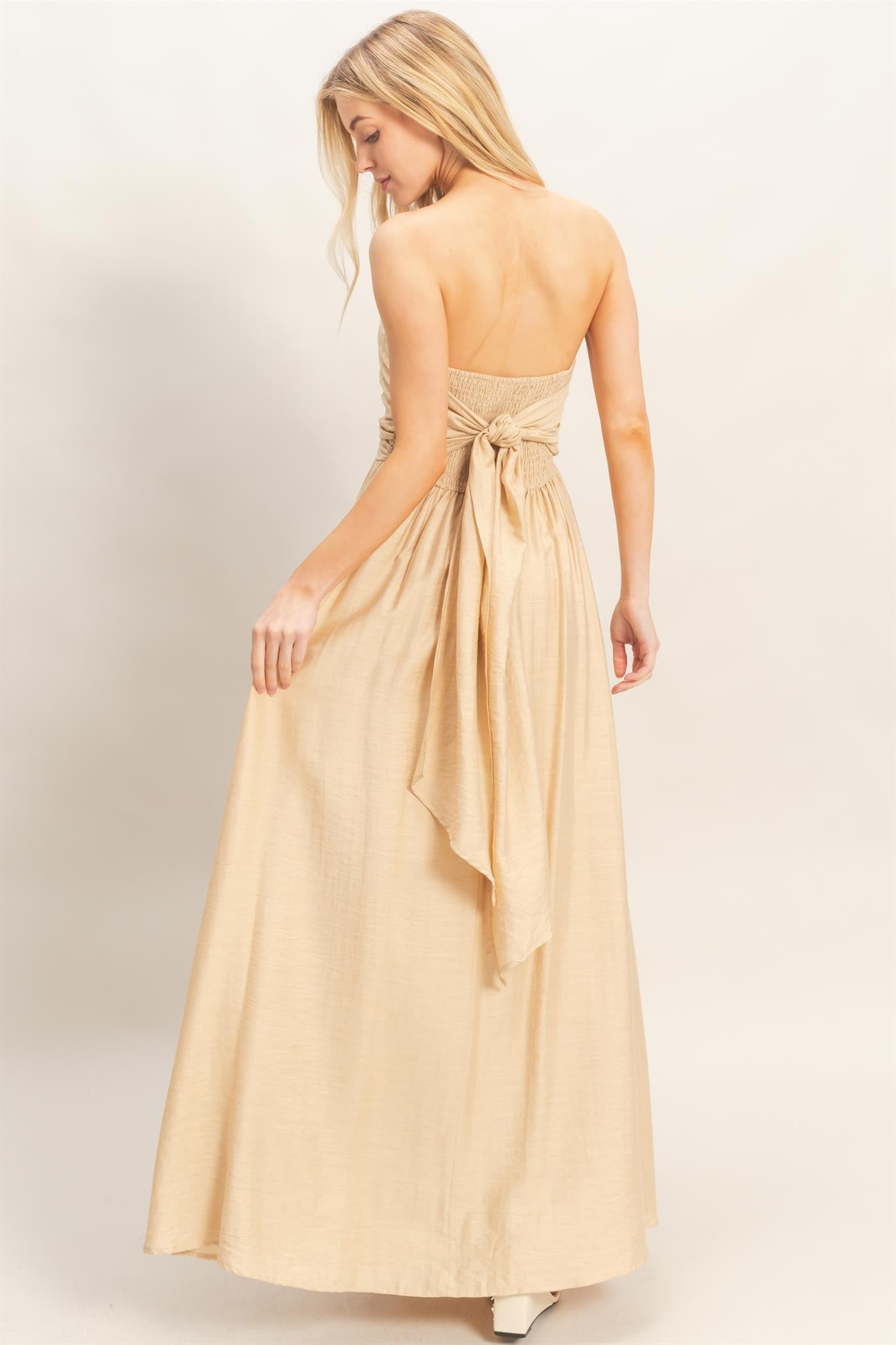 beige strapless maxi dress Strapless Sequin Floral Embroidered Sheer Maxi Dress Pink / 4