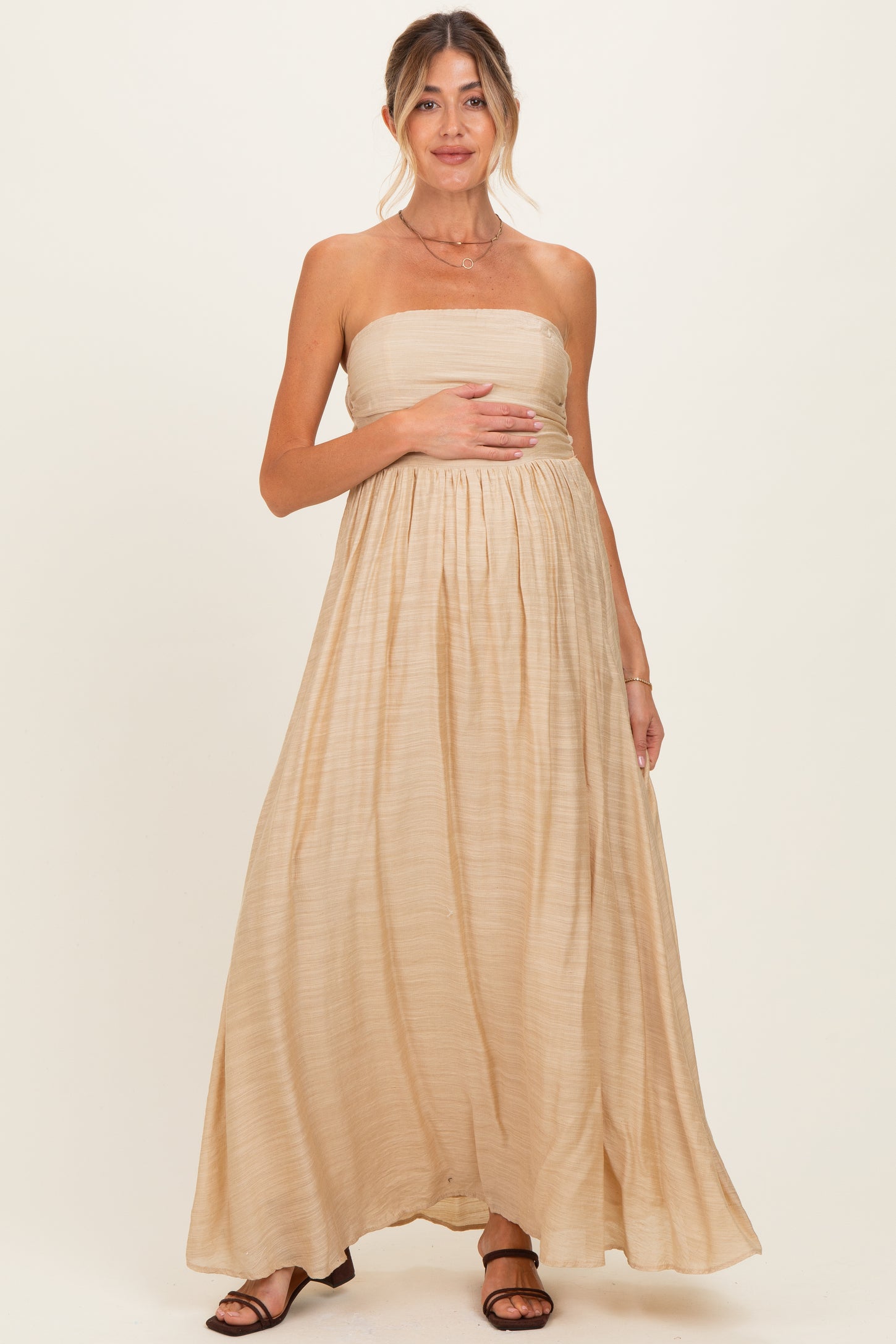 Beige Strapless Tie Back Maternity Maxi Dress