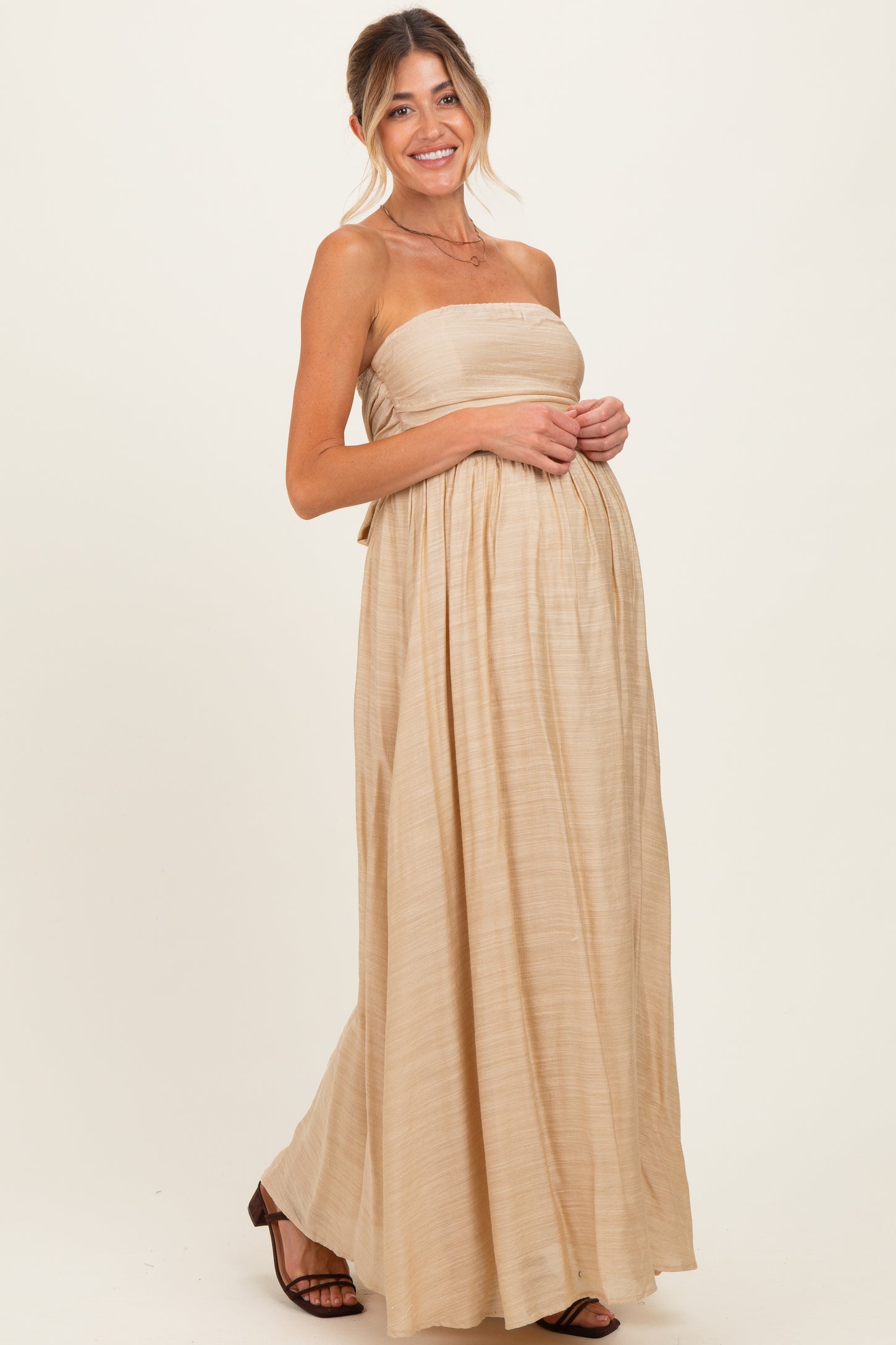 Beige Strapless Tie Back Maternity Maxi Dress