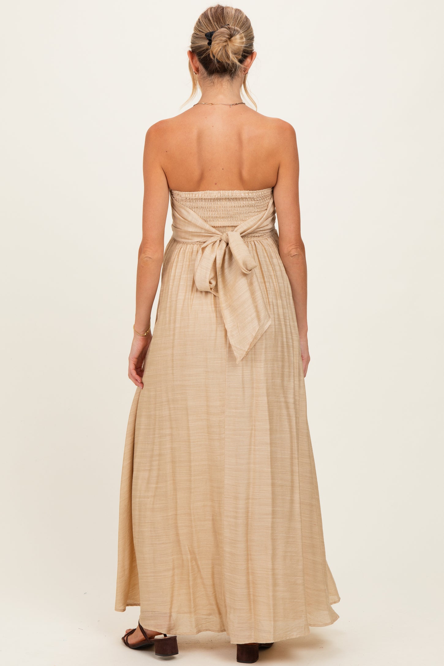 Beige Strapless Tie Back Maternity Maxi Dress – PinkBlush
