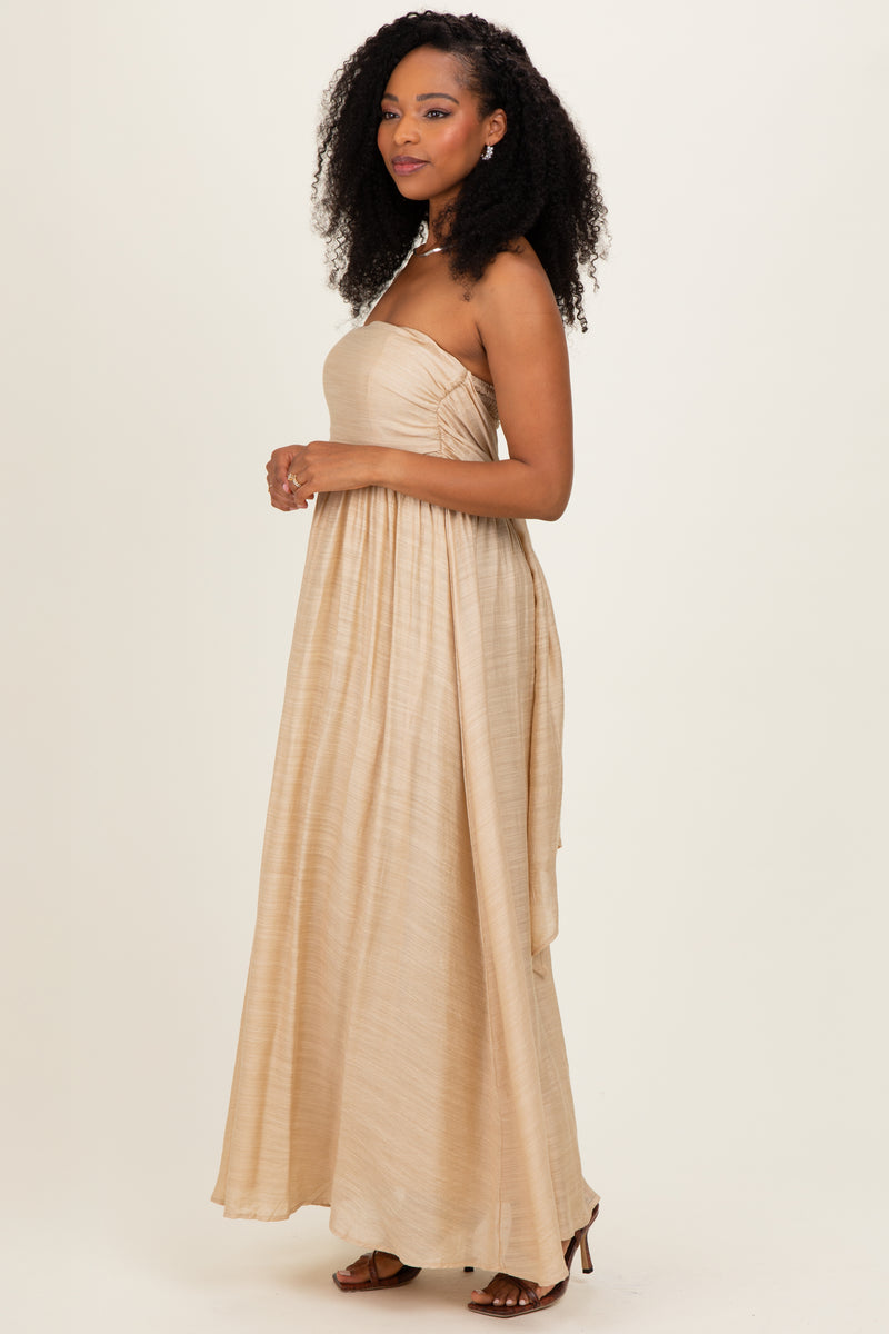 Beige Strapless Tie Back Maxi Dress