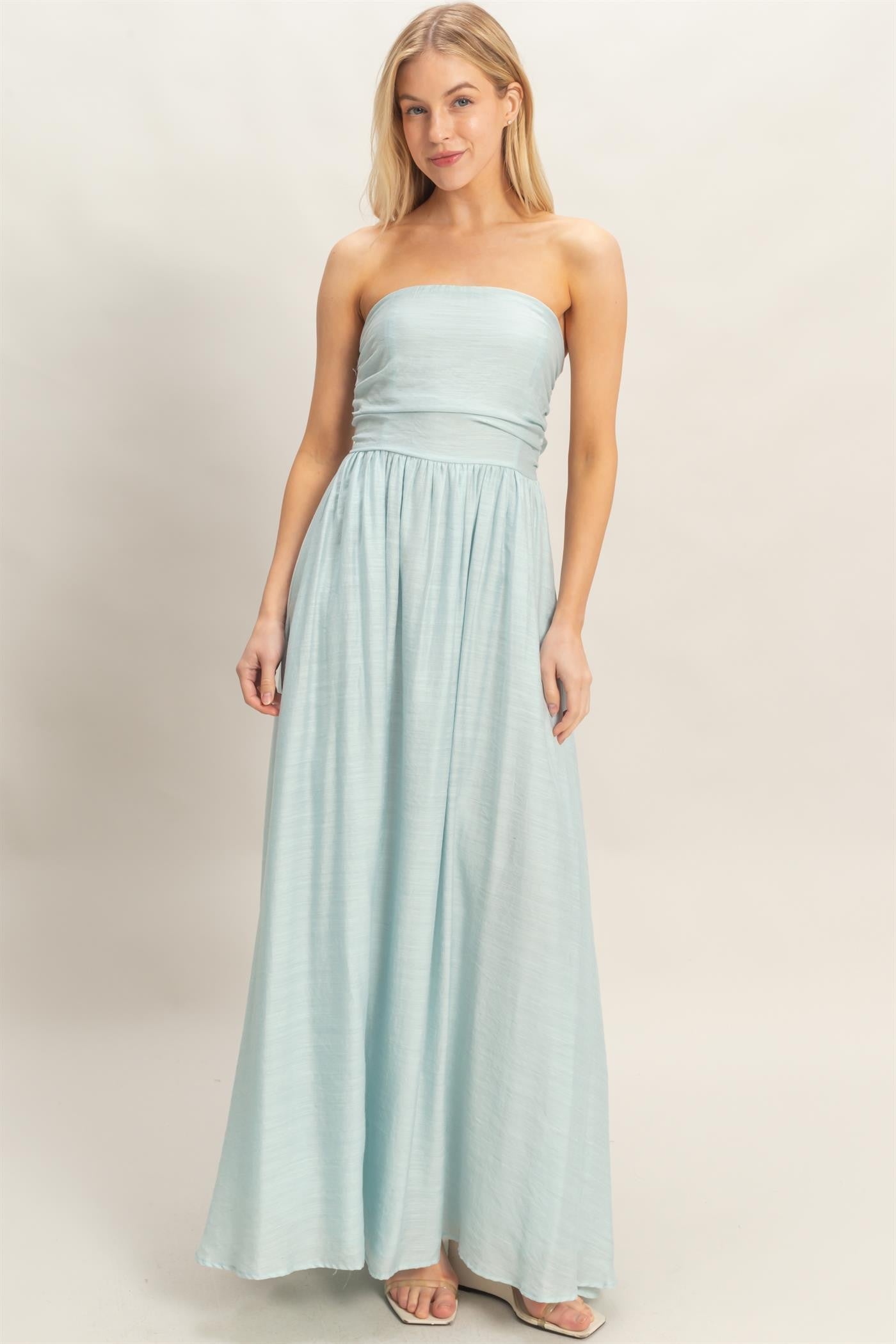 Light Blue Strapless Tie Back Maxi Dress