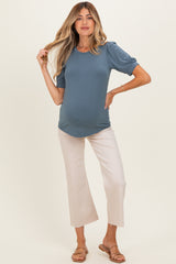 Blue Teal Puff Sleeve Basic Maternity Top