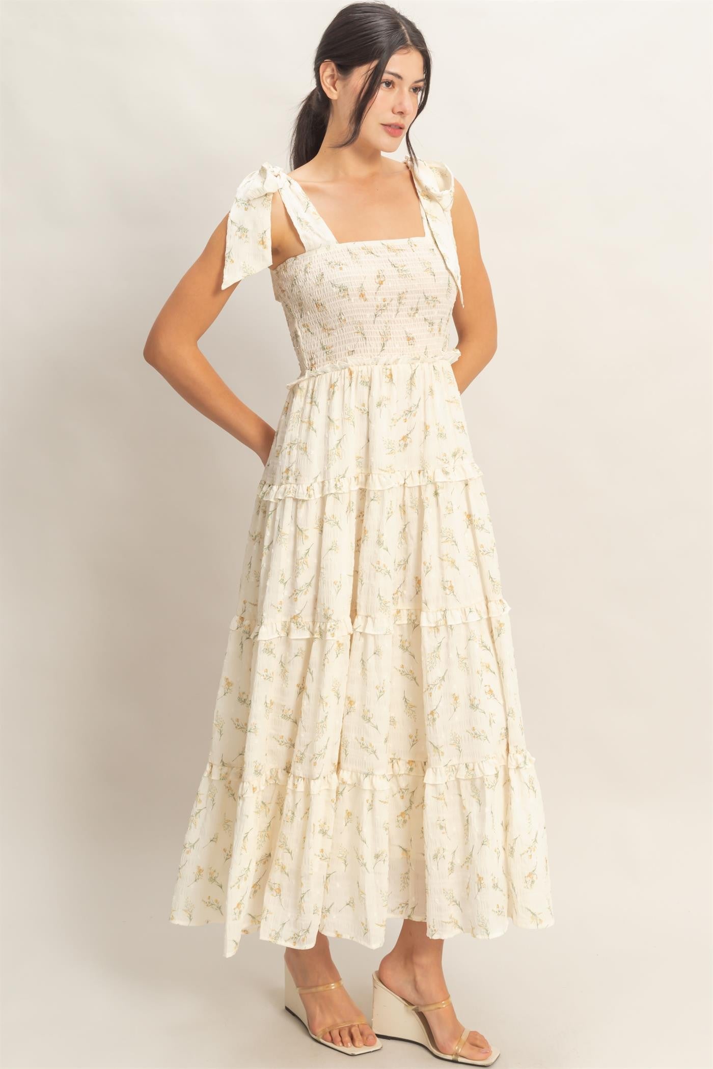 Yellow Floral Smocked Tiered Maxi Dress – PinkBlush