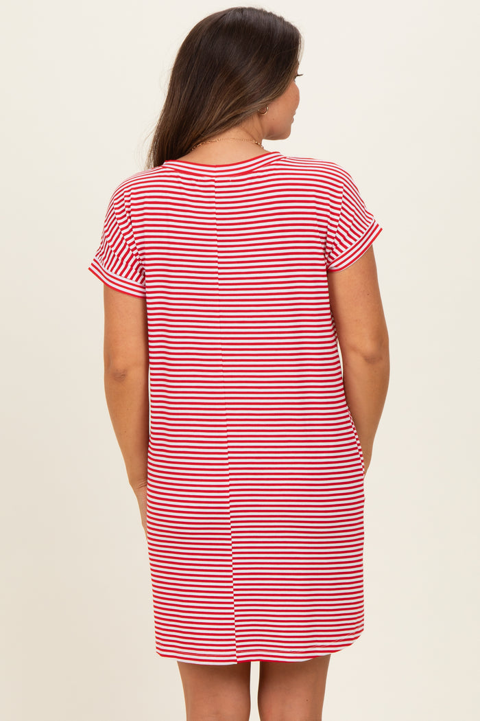woman wearing a red and white striped maternity dress with short sleeves, showing the back view