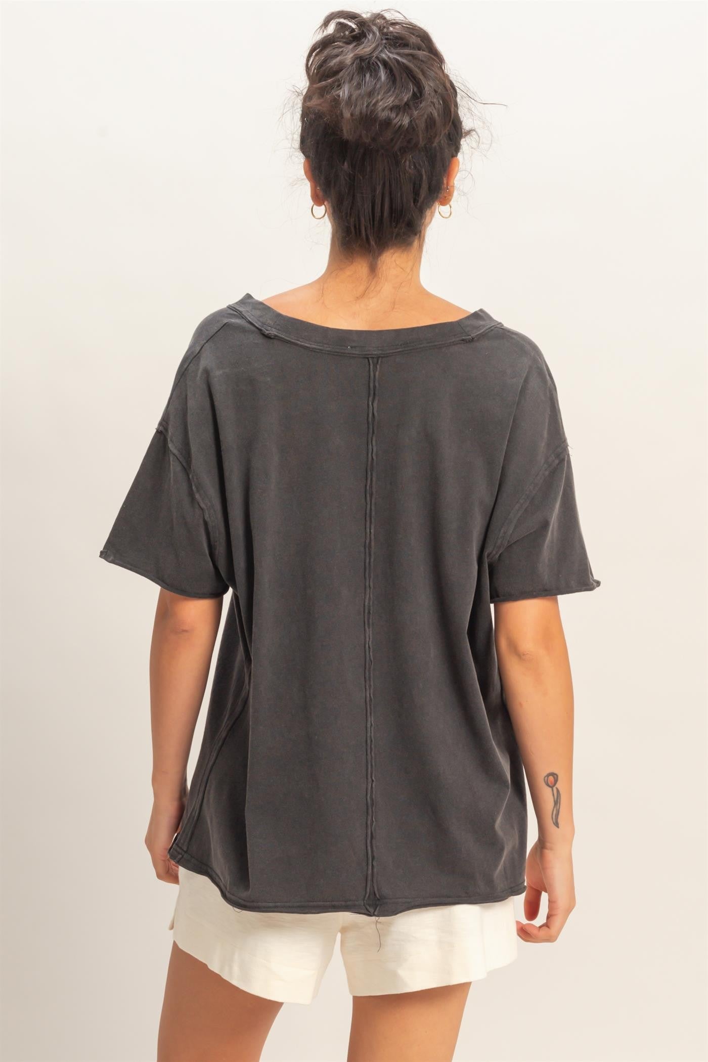 Black Washed V-Neck Oversized Tee