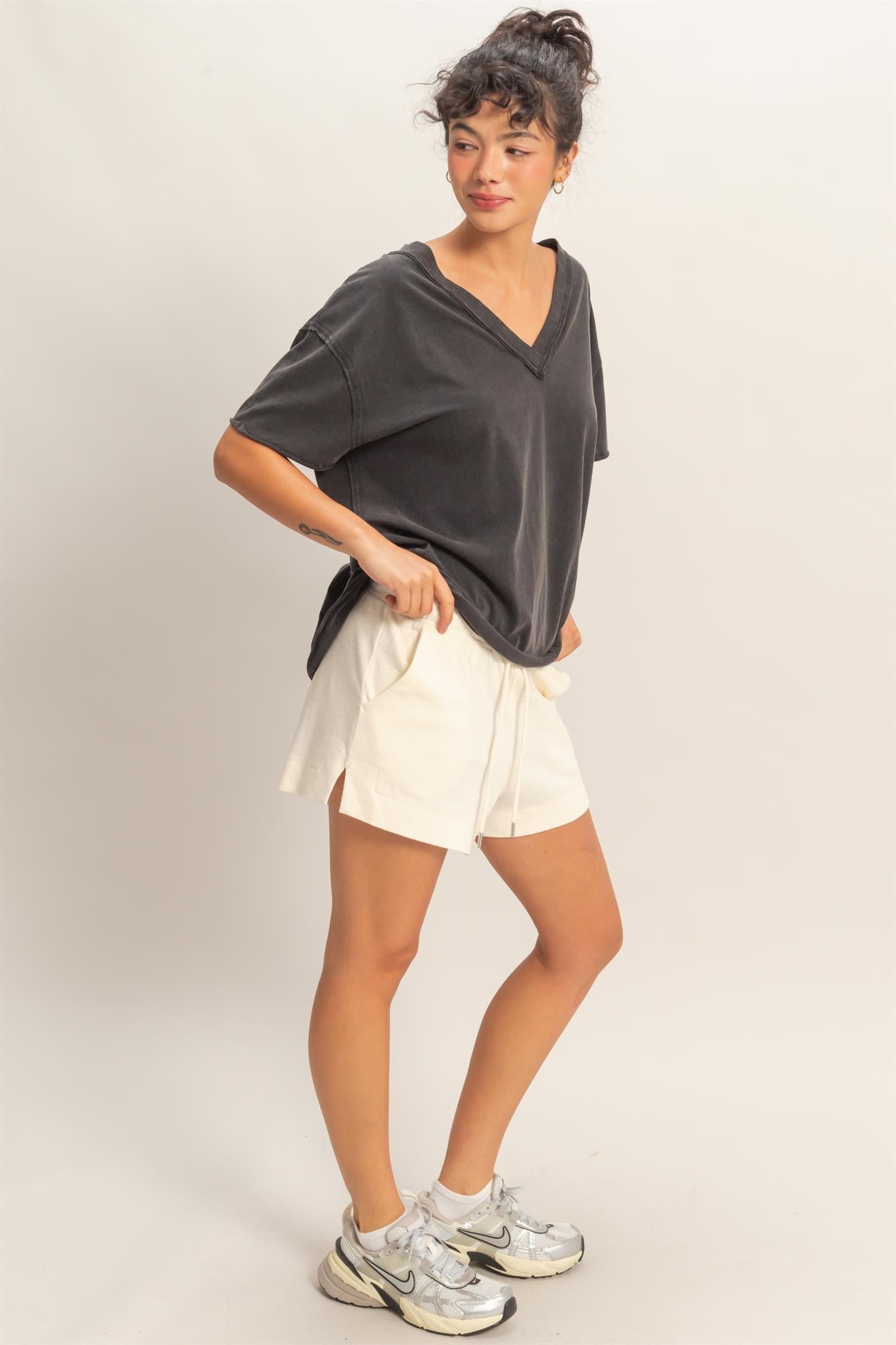 Black Washed V-Neck Oversized Tee