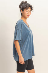 Navy Washed V-Neck Oversized Tee