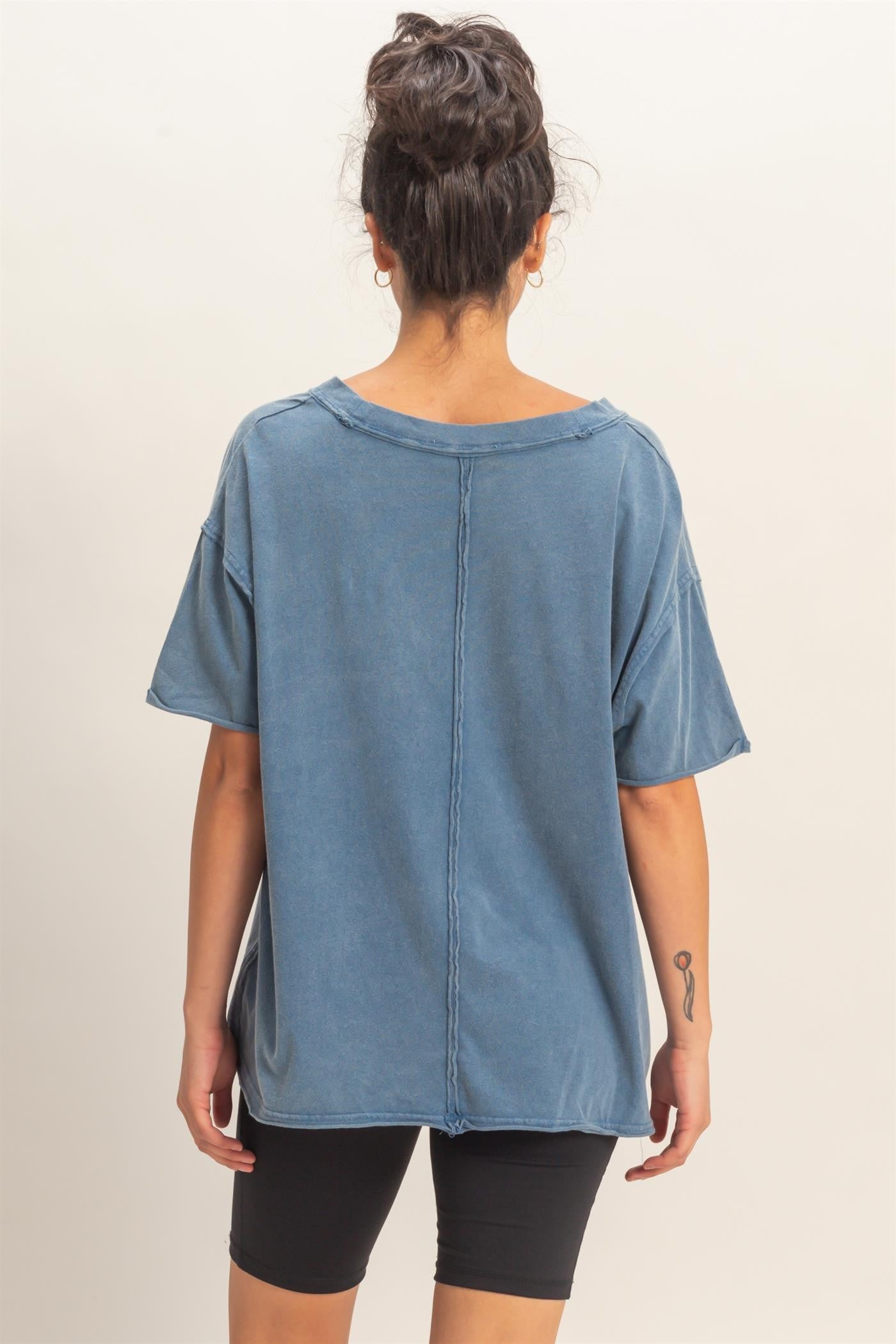 Navy Washed V-Neck Oversized Tee