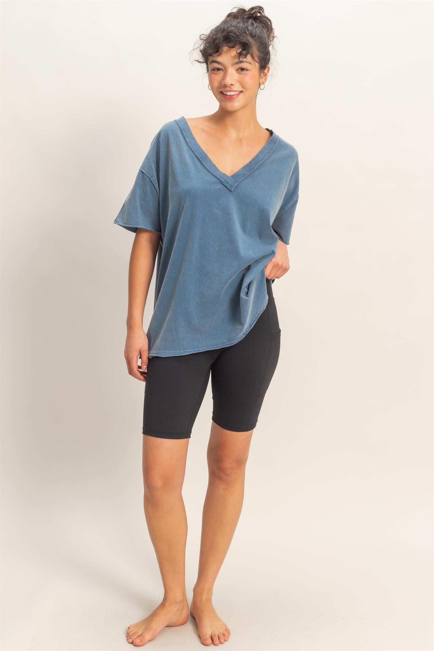 Navy Washed V-Neck Oversized Tee