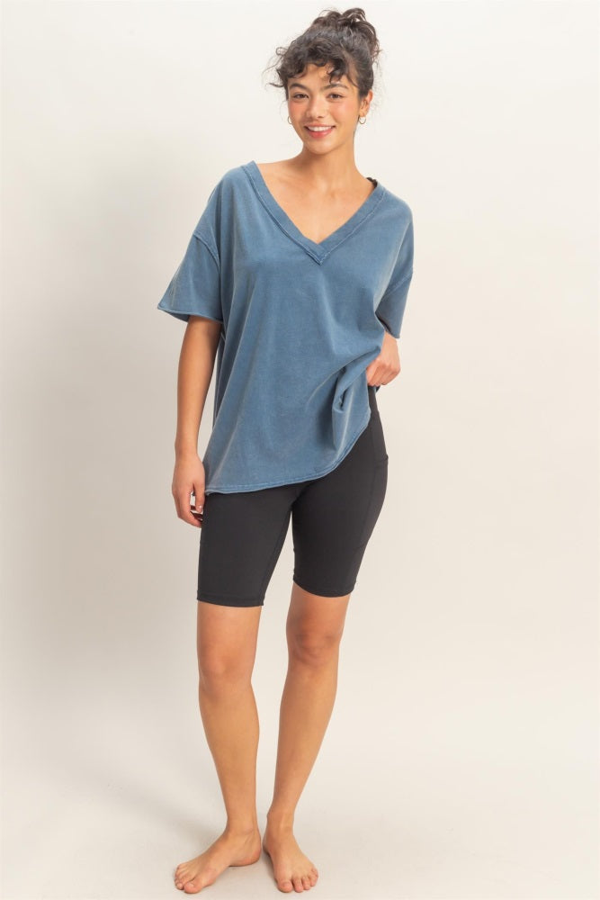 Navy Washed V-Neck Oversized Tee