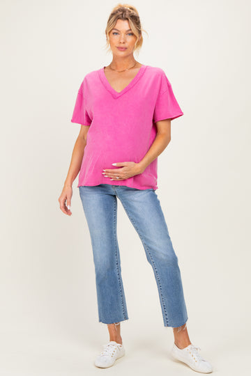 Fuchsia Washed V-Neck Oversized Maternity Tee