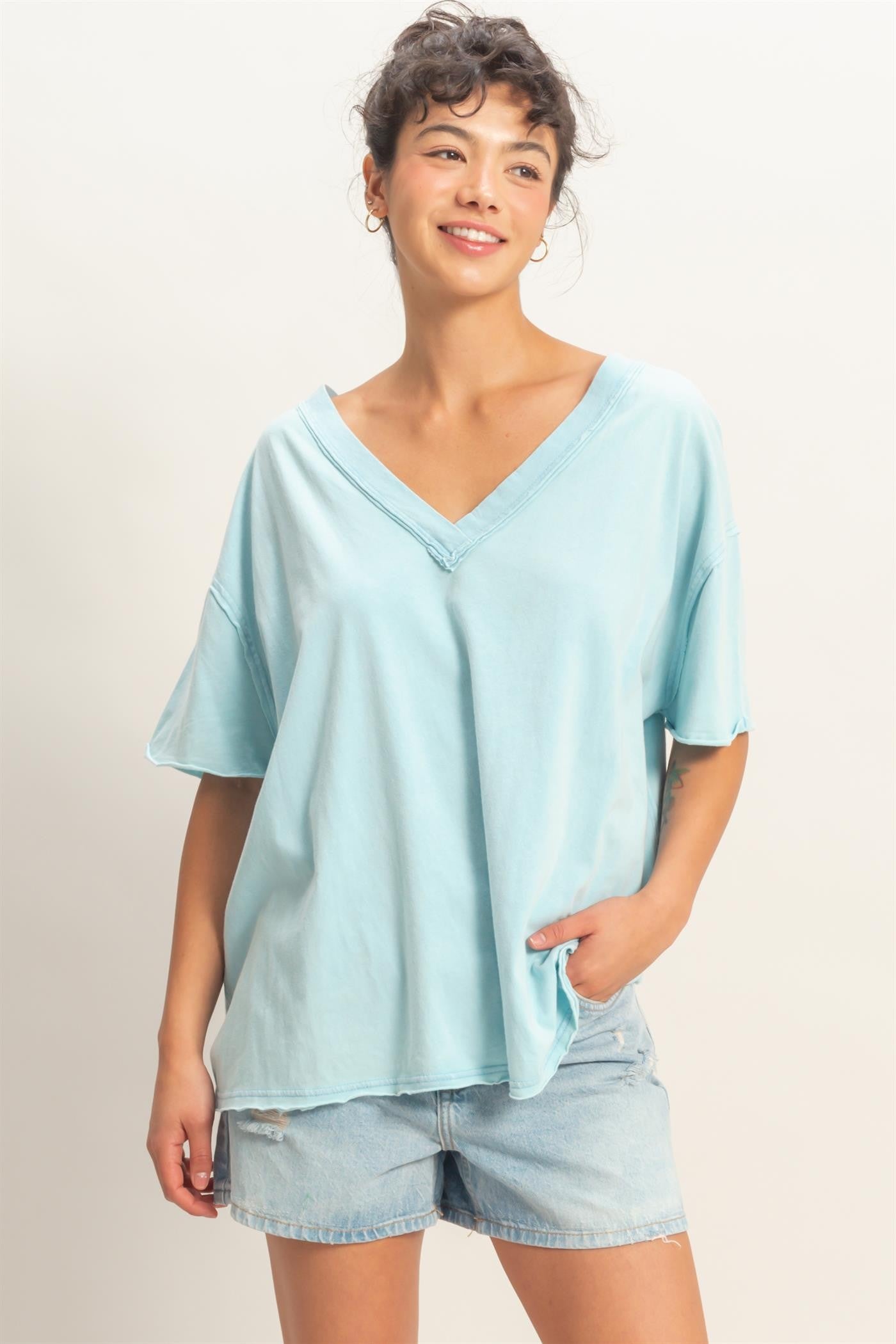 Light Blue Washed V-Neck Oversized Tee