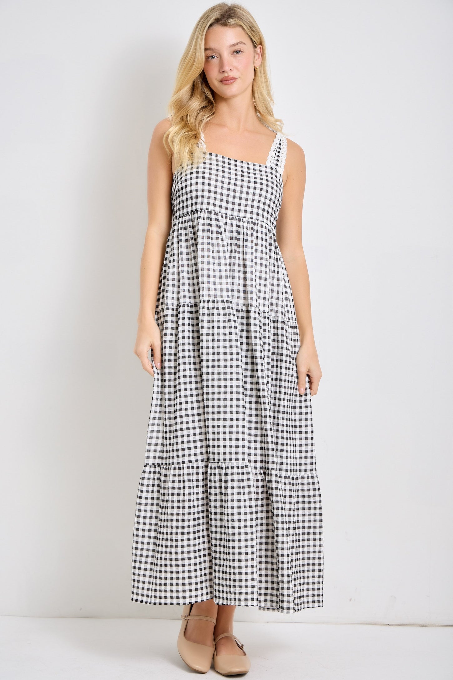 Black Gingham Lace Trim Shoulder Tie Maxi Dress