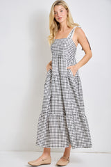 Black Gingham Lace Trim Shoulder Tie Maxi Dress