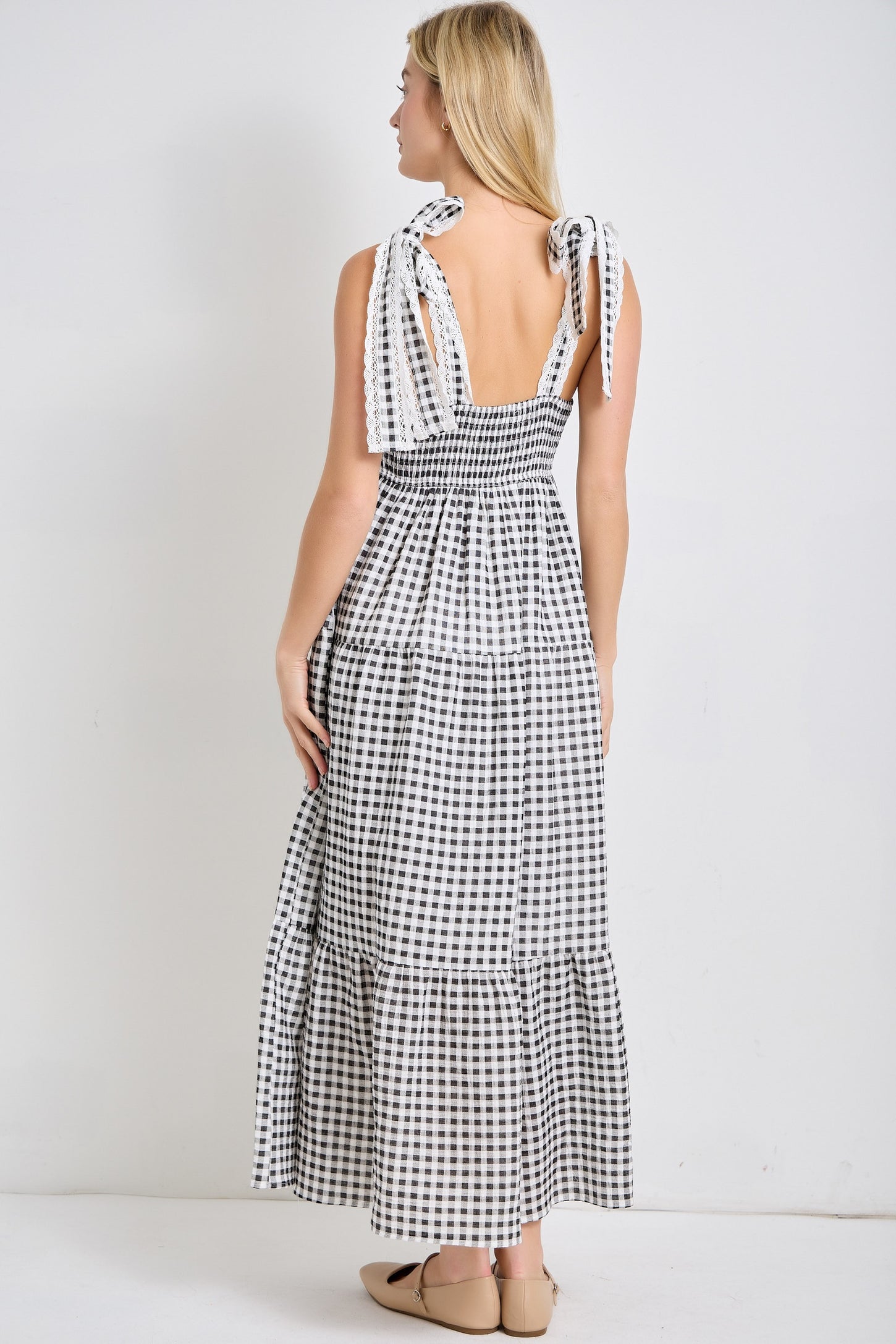 Black Gingham Lace Trim Shoulder Tie Maxi Dress