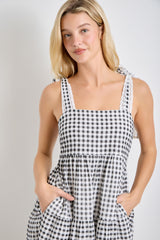 Black Gingham Lace Trim Shoulder Tie Maxi Dress